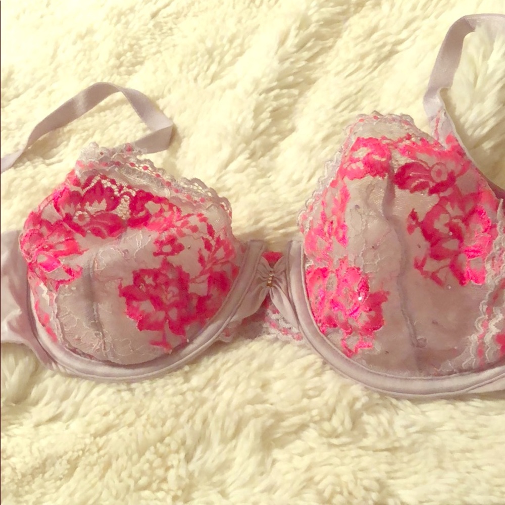 Diamond studded light lavender and pink lace bra